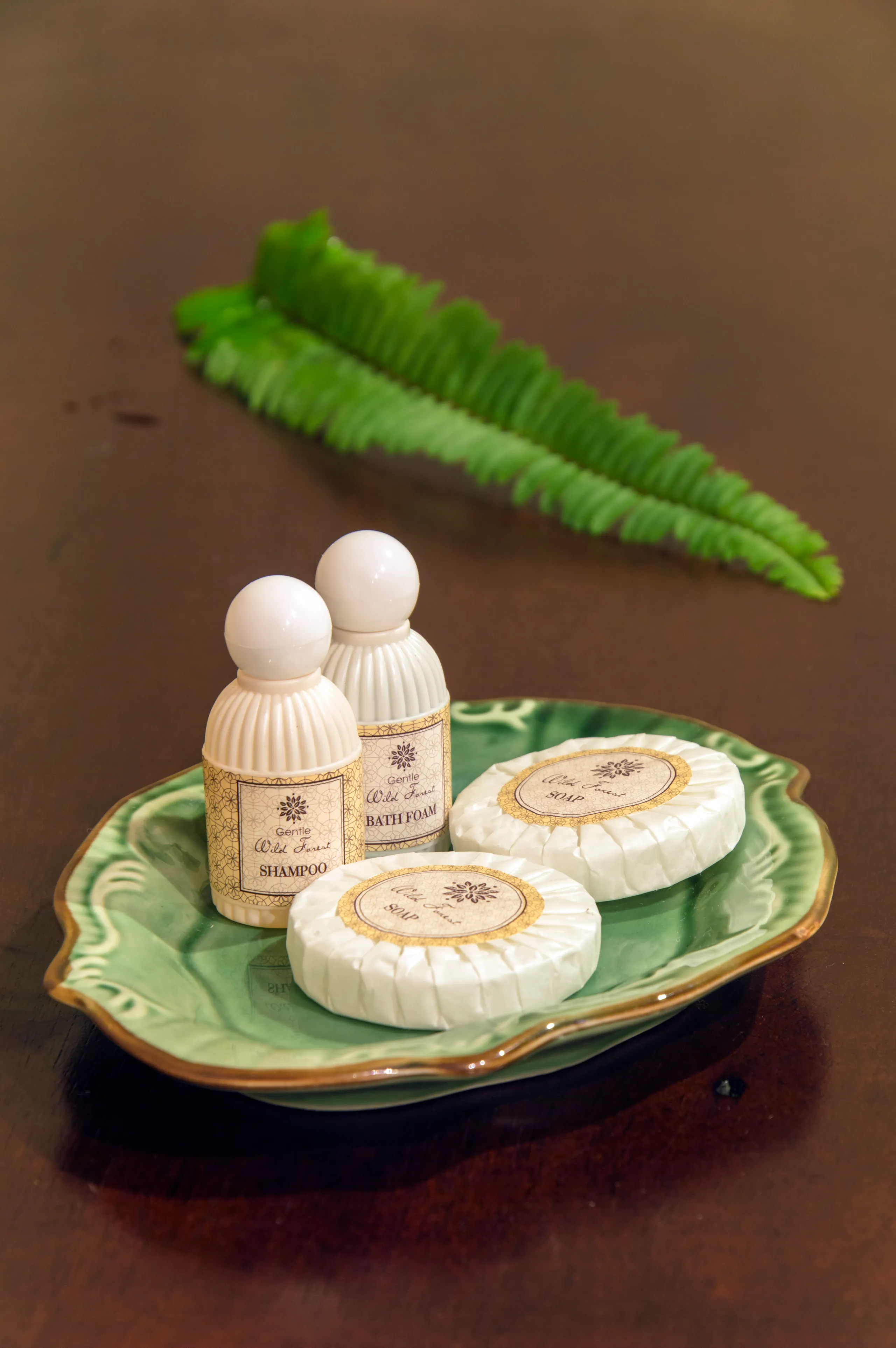 Sada Hotel soap and shampoo on a green ceramic dish