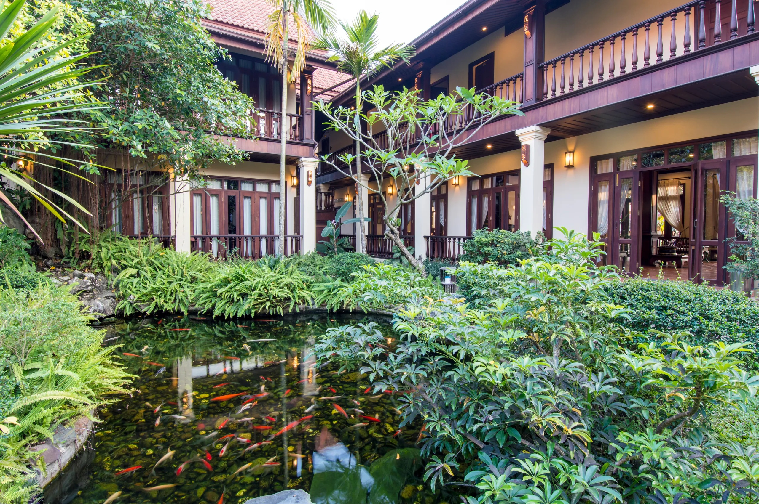 The koi pond and frangipani in the courtyard, framed by the hotel's upper balconies